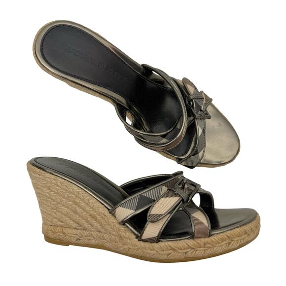Burberry Nova Check Strappy Leather Espadrille Wedge Sandals | IT 38 (US 8) - Picture 1 of 15